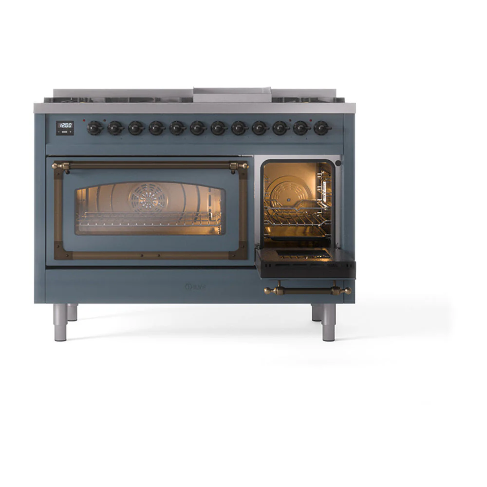 ILVE Nostalgie II Noblesse 48-Inch Freestanding Natural Gas Dual Fuel Range in Blue Grey with Bronze Trim (UN48FNMPBGB) - Image 7