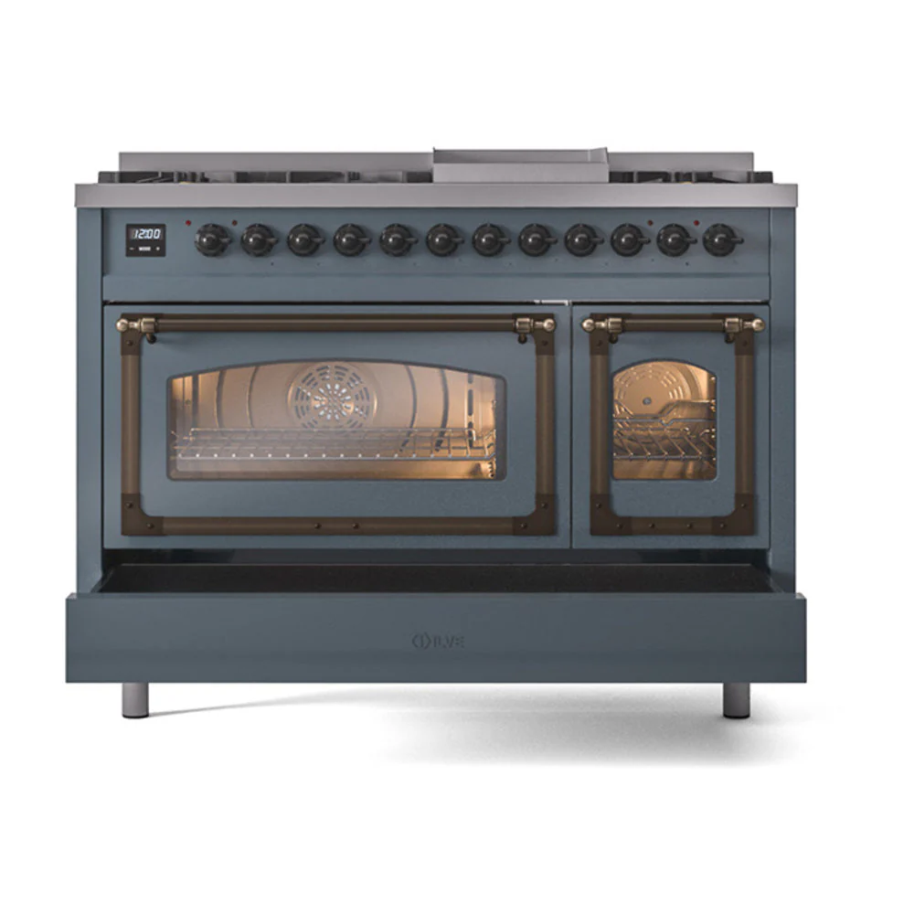 ILVE Nostalgie II Noblesse 48-Inch Freestanding Natural Gas Dual Fuel Range in Blue Grey with Bronze Trim (UN48FNMPBGB) - Image 8