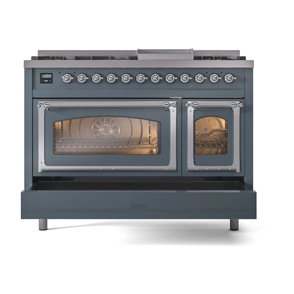 ILVE Nostalgie II Noblesse 48-Inch Freestanding Natural Gas Dual Fuel Range in Blue Grey with Chrome Trim (UN48FNMPBGC) - Image 2