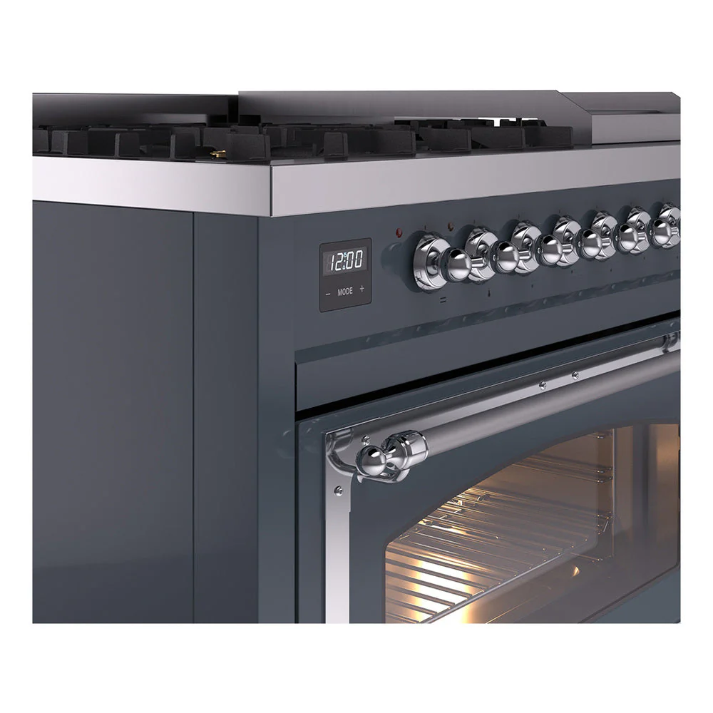 ILVE Nostalgie II Noblesse 48-Inch Freestanding Natural Gas Dual Fuel Range in Blue Grey with Chrome Trim (UN48FNMPBGC) - Image 3