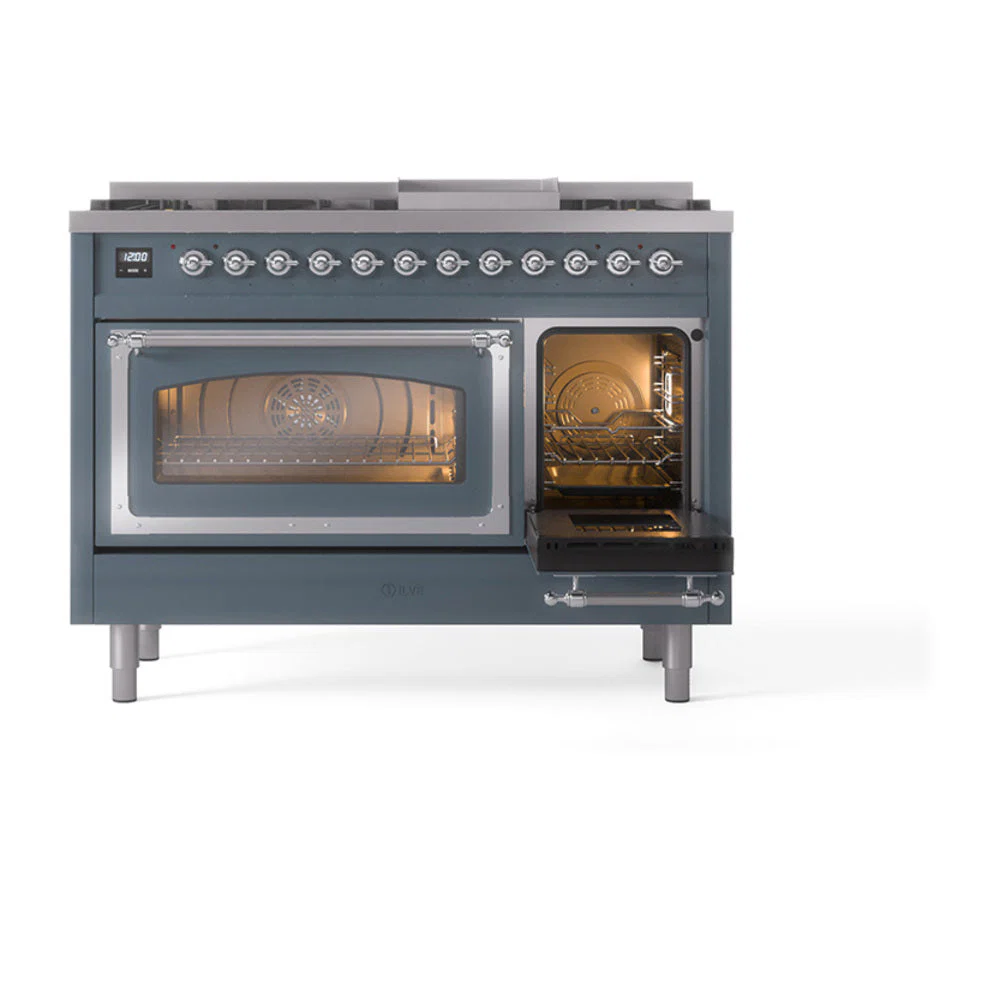 ILVE Nostalgie II Noblesse 48-Inch Freestanding Natural Gas Dual Fuel Range in Blue Grey with Chrome Trim (UN48FNMPBGC) - Image 7