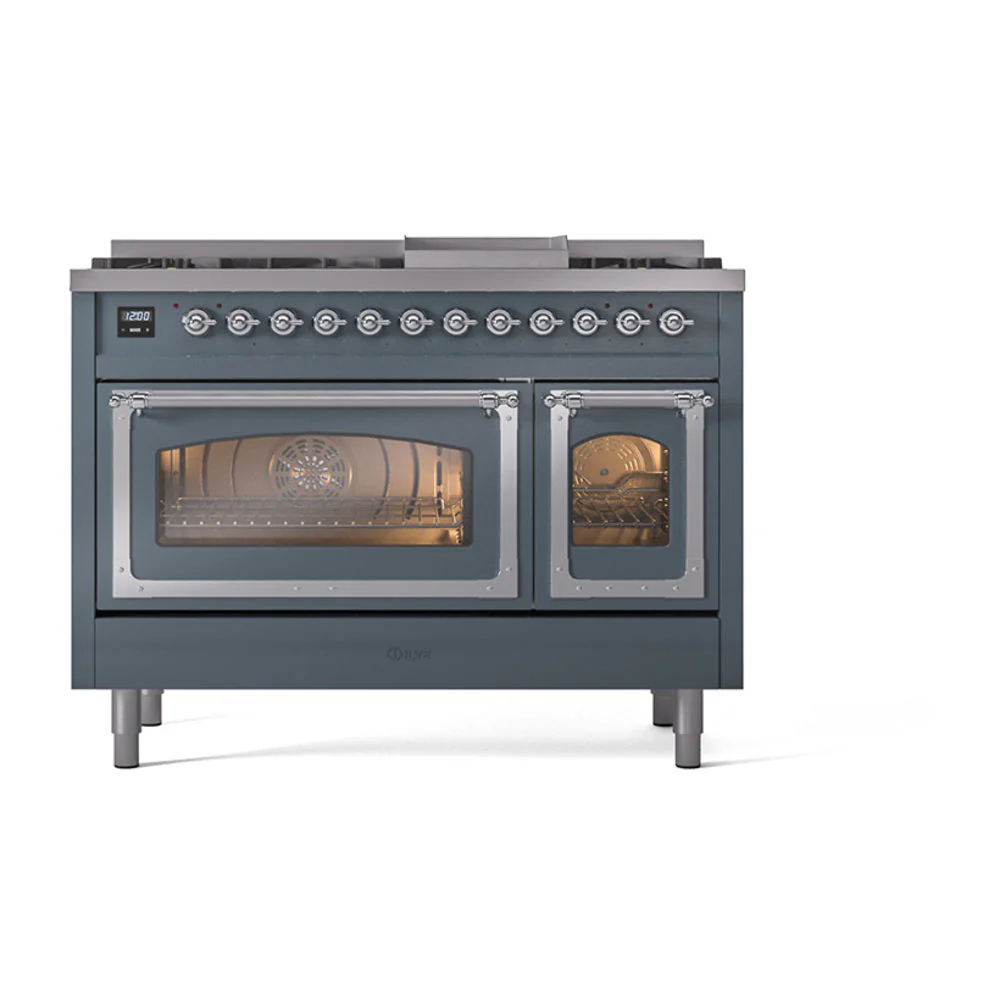 ILVE Nostalgie II Noblesse 48-Inch Freestanding Natural Gas Dual Fuel Range in Blue Grey with Chrome Trim (UN48FNMPBGC) - Image 8