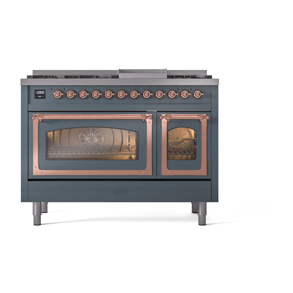 ILVE Nostalgie II Noblesse 48-Inch Freestanding Natural Gas Dual Fuel Range in Blue Grey with Copper Trim (UN48FNMPBGP) - Image 2