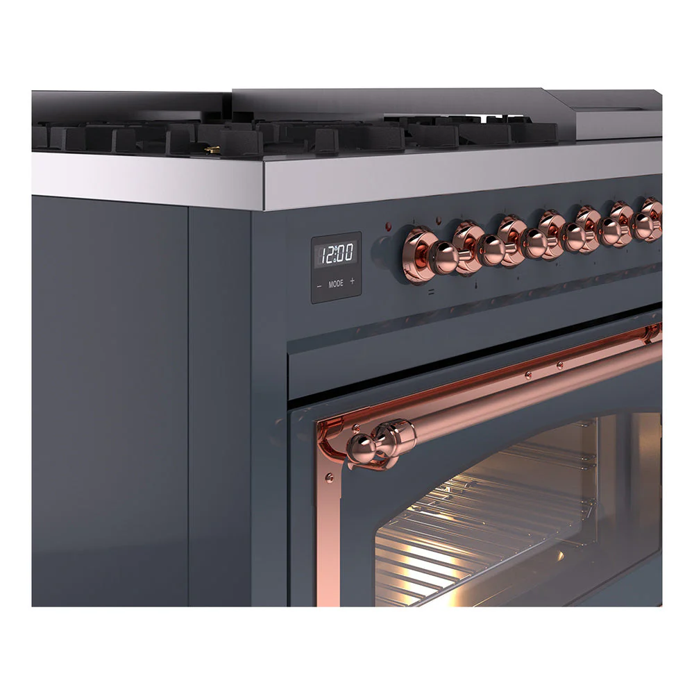 ILVE Nostalgie II Noblesse 48-Inch Freestanding Natural Gas Dual Fuel Range in Blue Grey with Copper Trim (UN48FNMPBGP) - Image 3