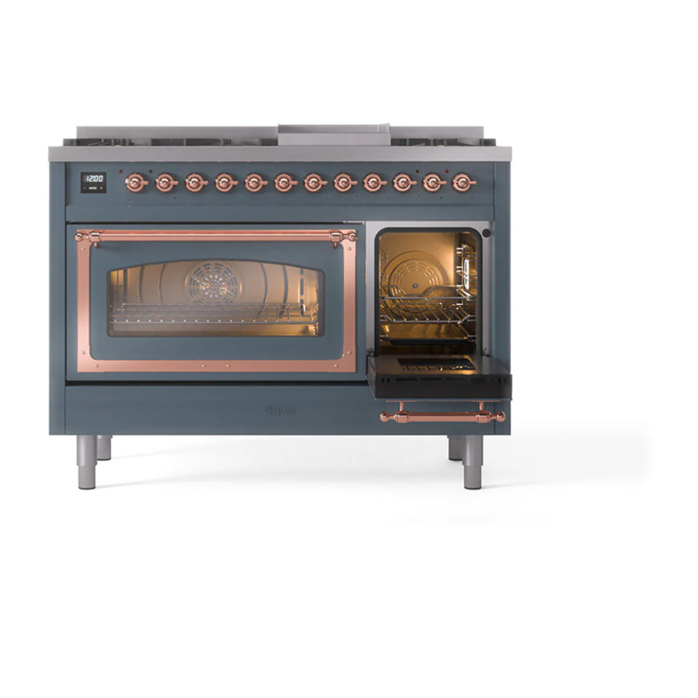 ILVE Nostalgie II Noblesse 48-Inch Freestanding Natural Gas Dual Fuel Range in Blue Grey with Copper Trim (UN48FNMPBGP) - Image 7