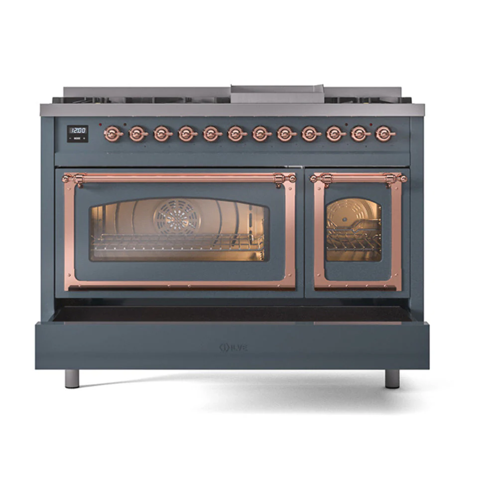 ILVE Nostalgie II Noblesse 48-Inch Freestanding Natural Gas Dual Fuel Range in Blue Grey with Copper Trim (UN48FNMPBGP) - Image 8
