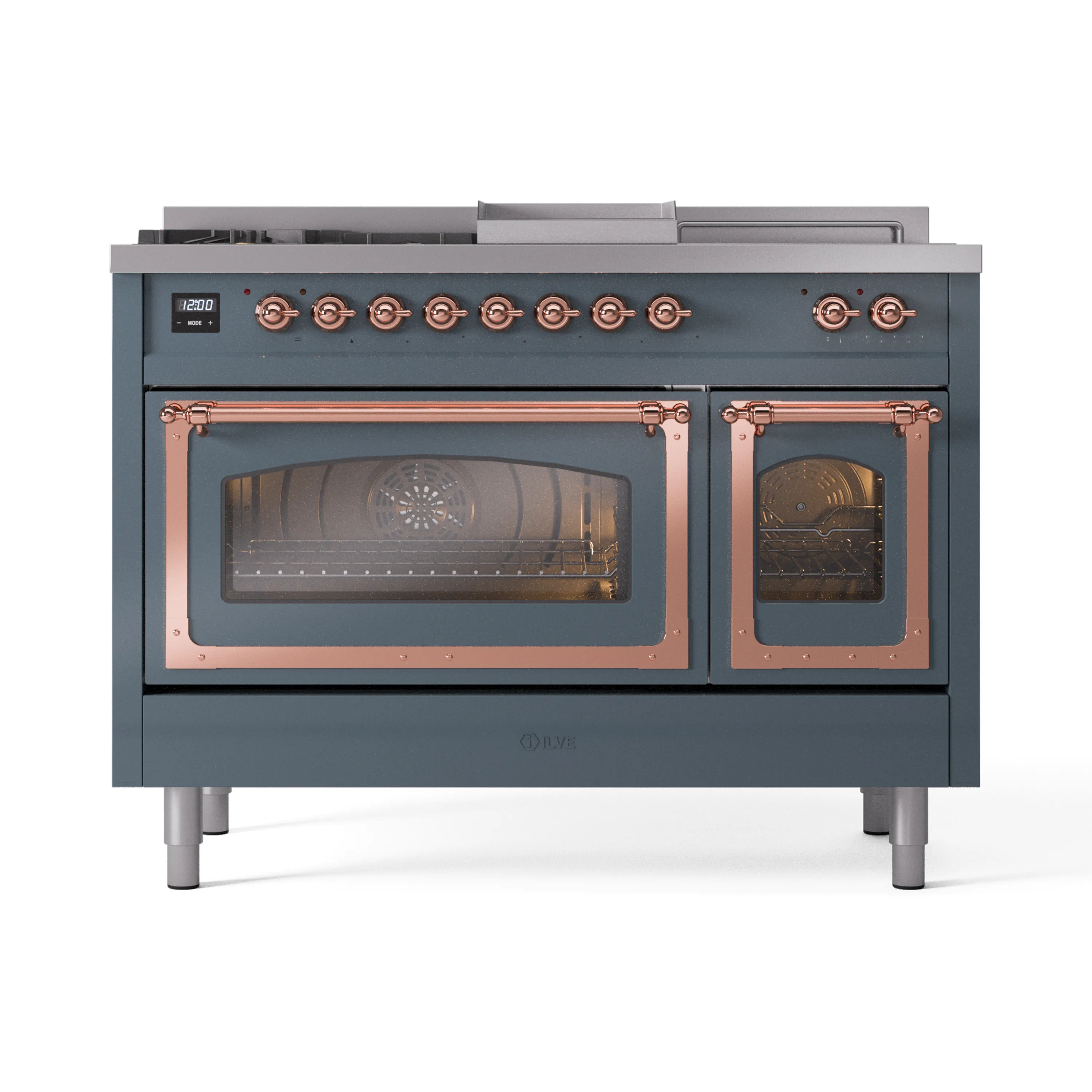 ILVE Nostalgie II Noblesse 48-Inch Natural Gas Dual Fuel Range with 5 Burners, Griddle, & French Top with Triple Glass Door Oven in Blue Grey with Copper Trim (UN48FSNMPBGP) - Image 2