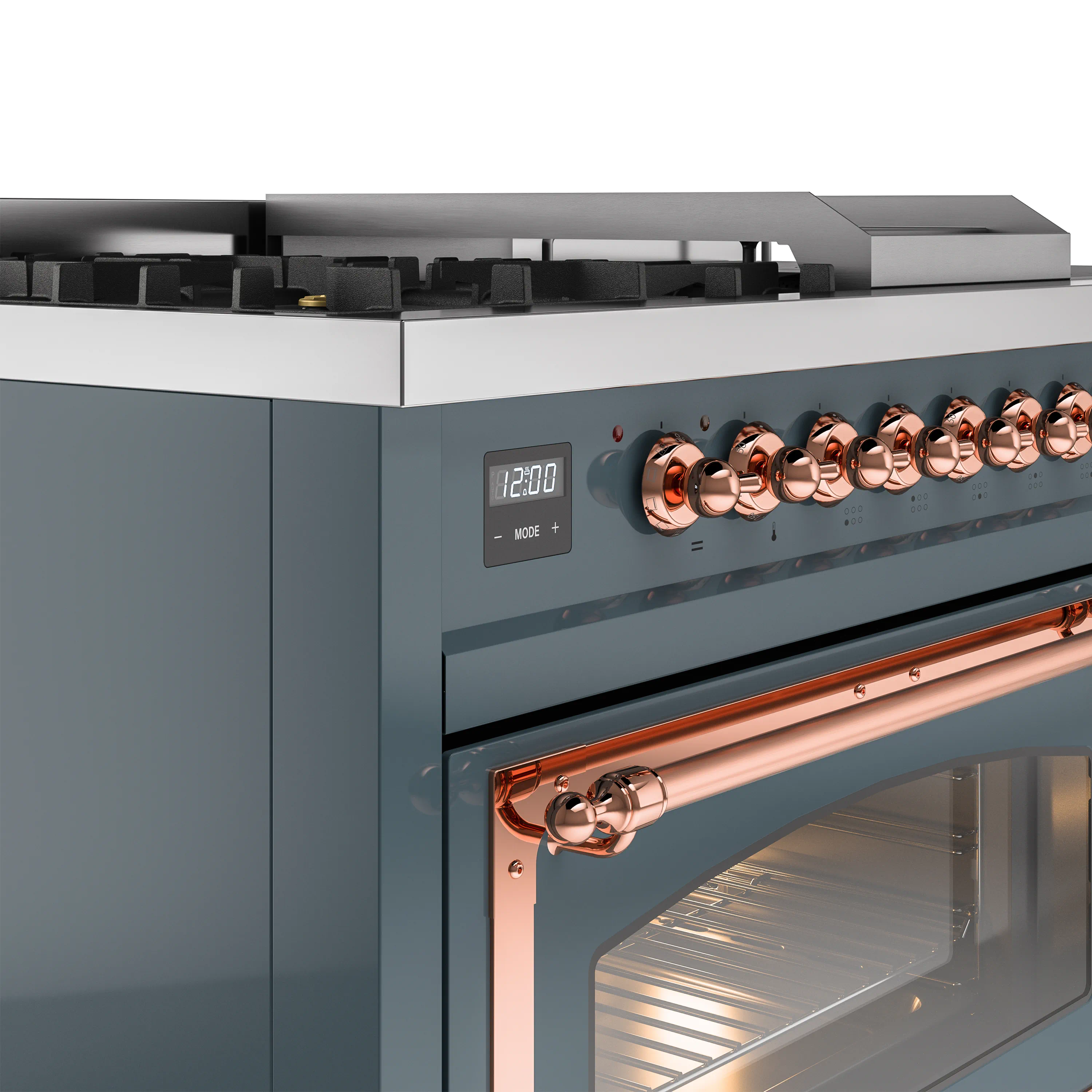 ILVE Nostalgie II Noblesse 48-Inch Natural Gas Dual Fuel Range with 5 Burners, Griddle, & French Top with Triple Glass Door Oven in Blue Grey with Copper Trim (UN48FSNMPBGP) - Image 3