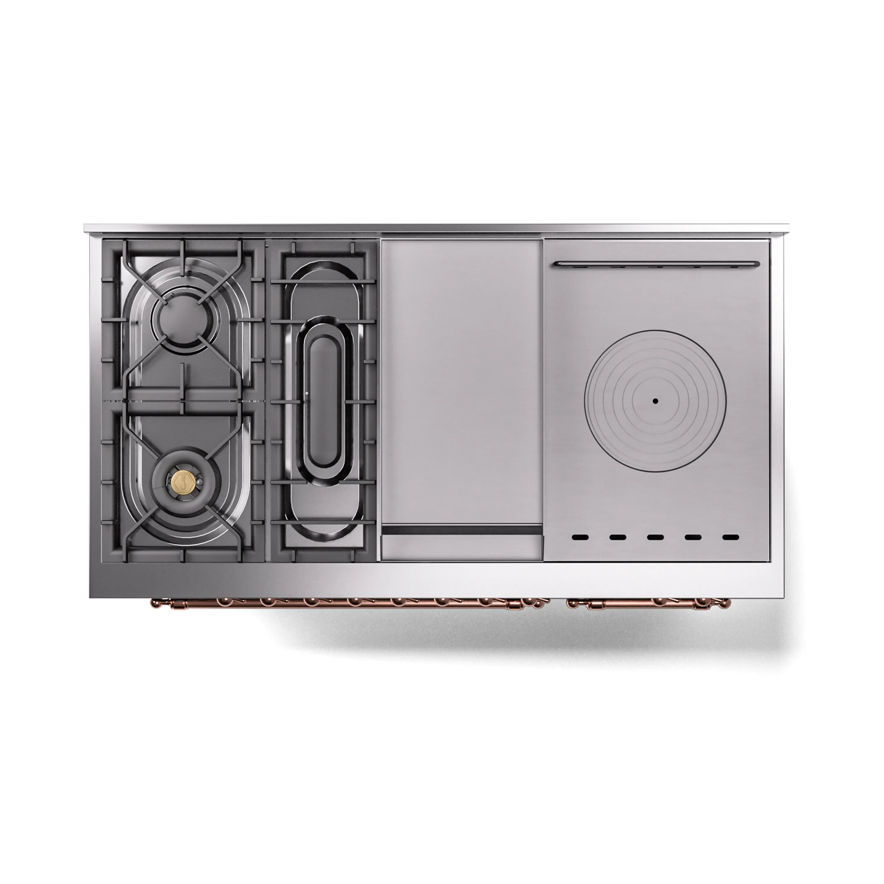 ILVE Nostalgie II Noblesse 48-Inch Natural Gas Dual Fuel Range with 5 Burners, Griddle, & French Top with Triple Glass Door Oven in Blue Grey with Copper Trim (UN48FSNMPBGP) - Image 4
