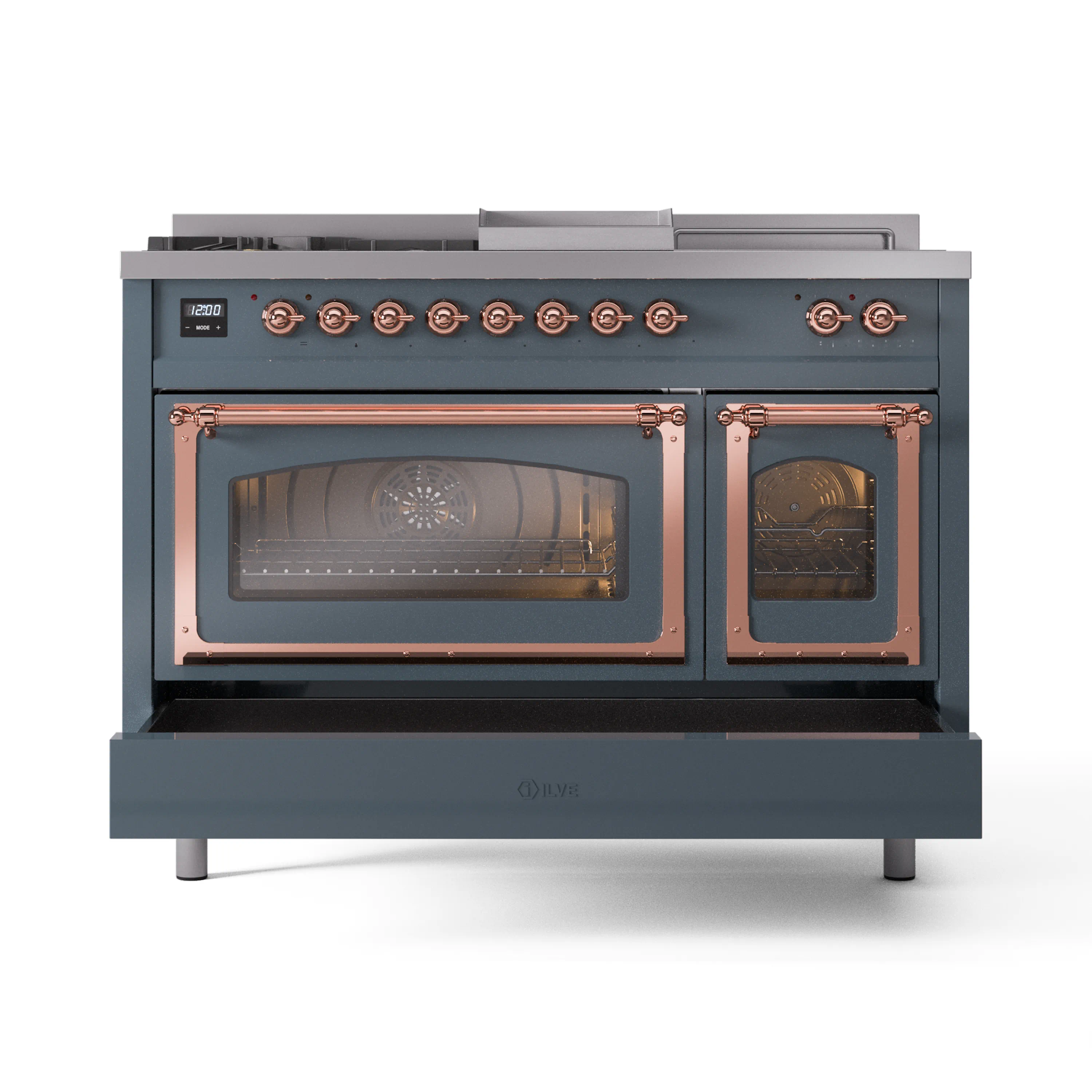 ILVE Nostalgie II Noblesse 48-Inch Natural Gas Dual Fuel Range with 5 Burners, Griddle, & French Top with Triple Glass Door Oven in Blue Grey with Copper Trim (UN48FSNMPBGP) - Image 6