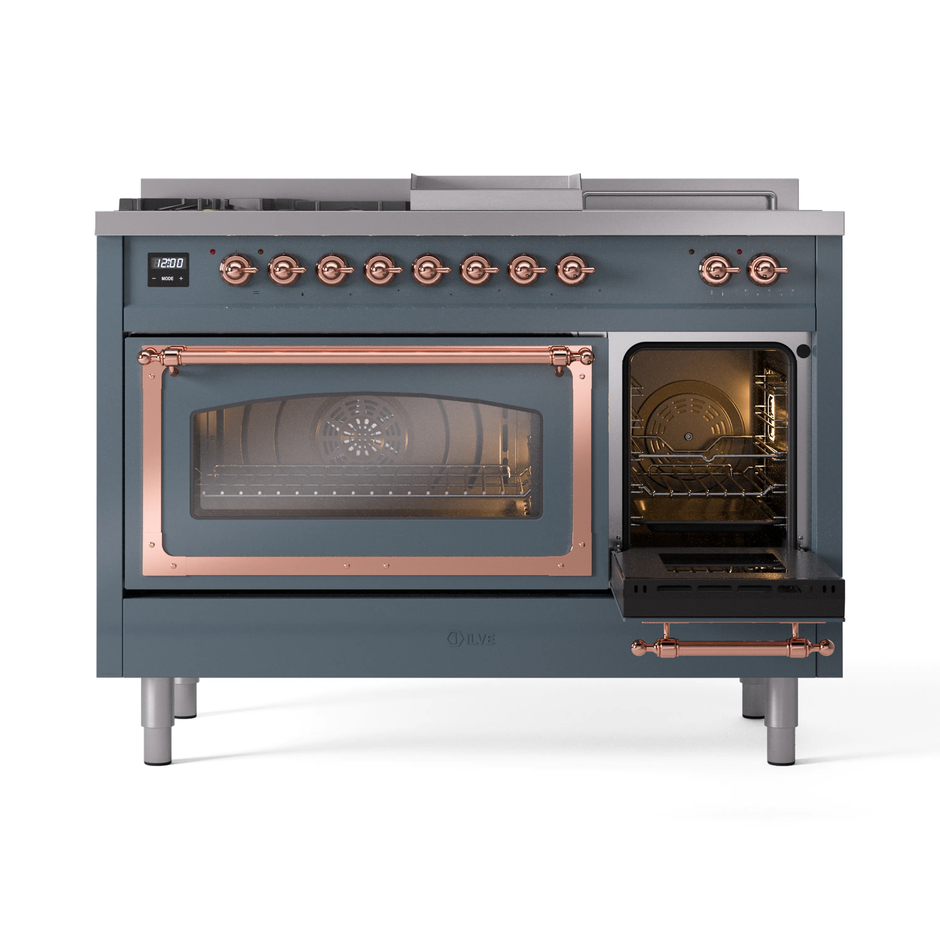 ILVE Nostalgie II Noblesse 48-Inch Natural Gas Dual Fuel Range with 5 Burners, Griddle, & French Top with Triple Glass Door Oven in Blue Grey with Copper Trim (UN48FSNMPBGP) - Image 7