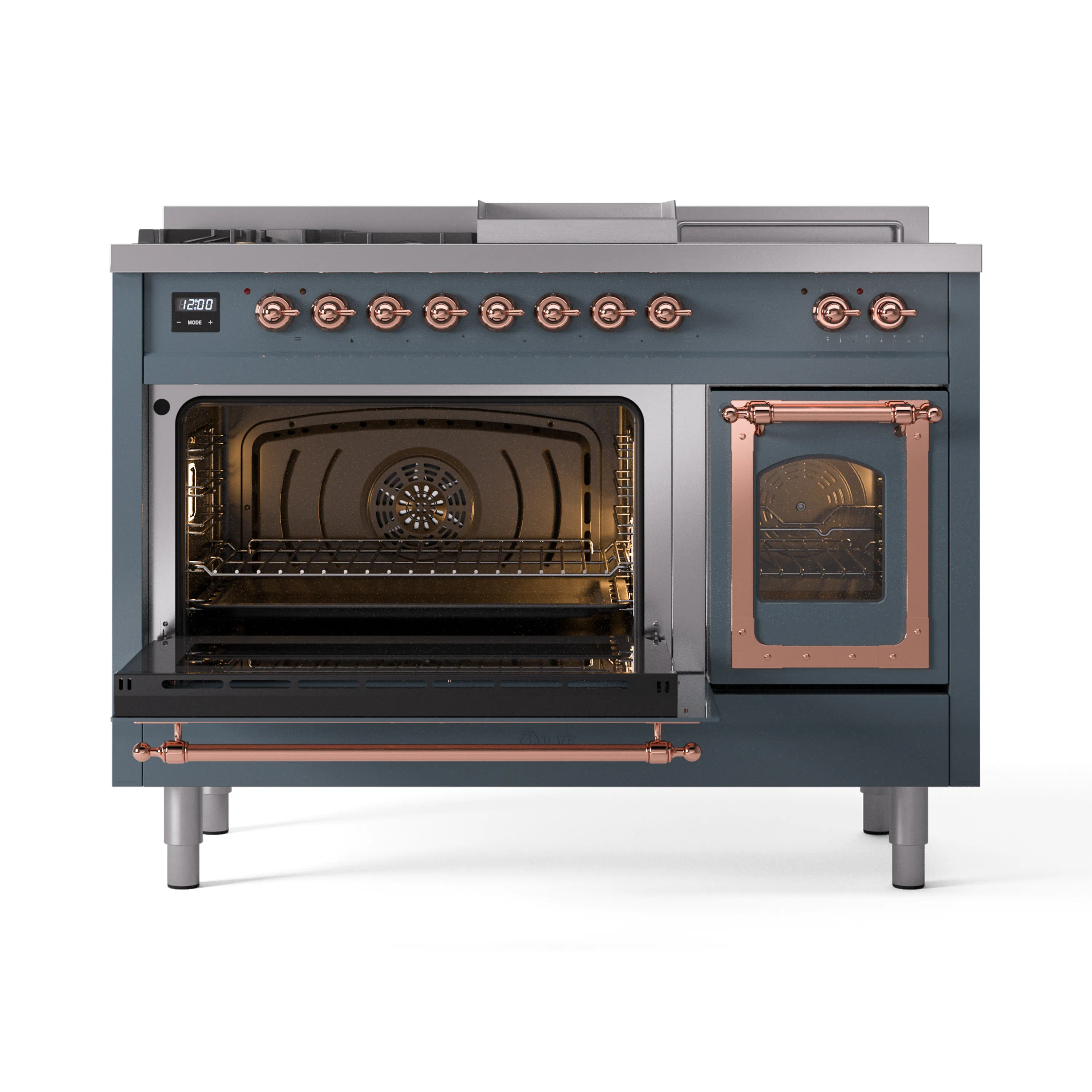 ILVE Nostalgie II Noblesse 48-Inch Natural Gas Dual Fuel Range with 5 Burners, Griddle, & French Top with Triple Glass Door Oven in Blue Grey with Copper Trim (UN48FSNMPBGP) - Image 8