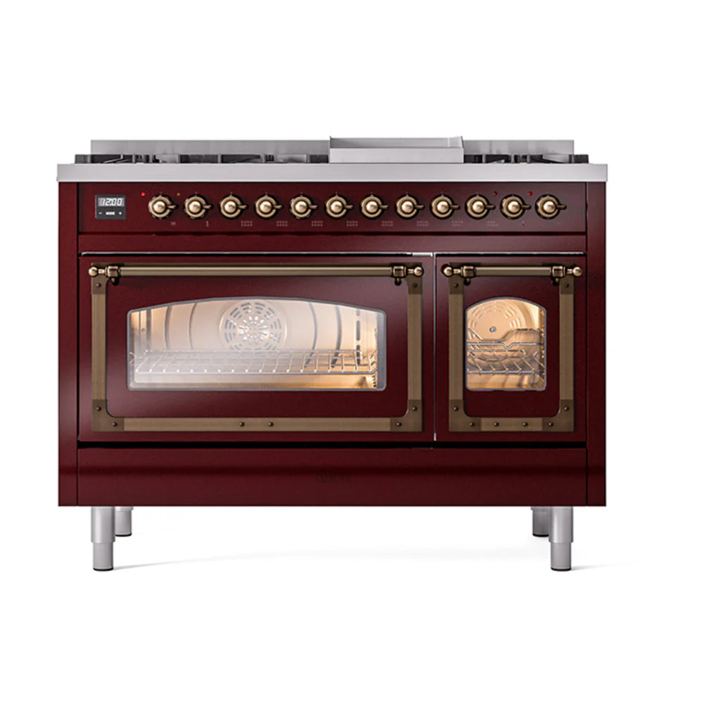 ILVE Nostalgie II Noblesse 48-Inch Freestanding Natural Gas Dual Fuel Range in Burgudy with Bronze Trim (UN48FNMPBUB) - Image 2