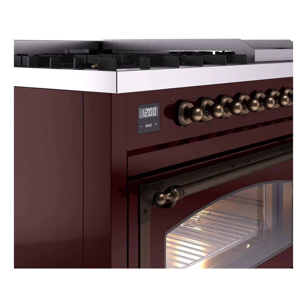ILVE Nostalgie II Noblesse 48-Inch Freestanding Natural Gas Dual Fuel Range in Burgudy with Bronze Trim (UN48FNMPBUB) - Image 3