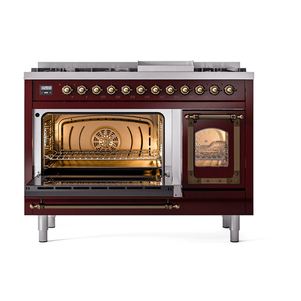 ILVE Nostalgie II Noblesse 48-Inch Freestanding Natural Gas Dual Fuel Range in Burgudy with Bronze Trim (UN48FNMPBUB) - Image 6