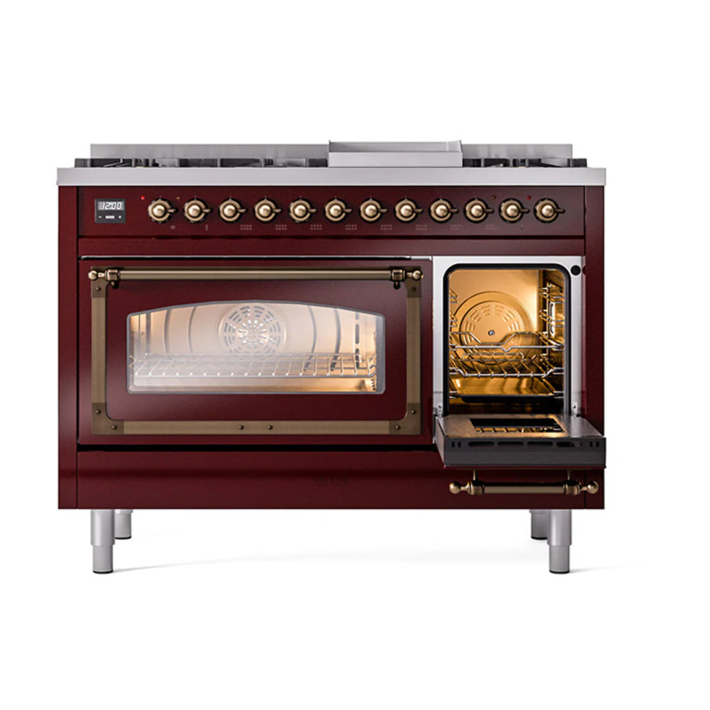 ILVE Nostalgie II Noblesse 48-Inch Freestanding Natural Gas Dual Fuel Range in Burgudy with Bronze Trim (UN48FNMPBUB) - Image 7