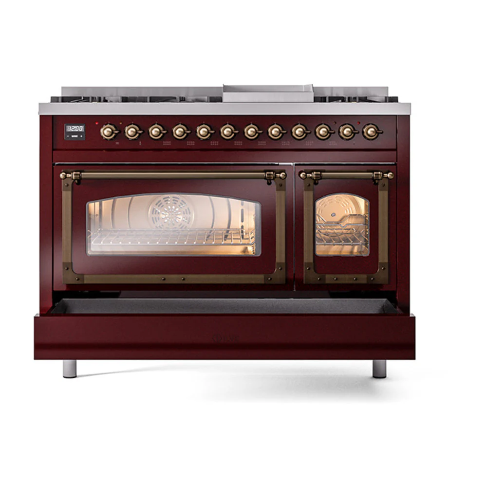 ILVE Nostalgie II Noblesse 48-Inch Freestanding Natural Gas Dual Fuel Range in Burgudy with Bronze Trim (UN48FNMPBUB) - Image 8