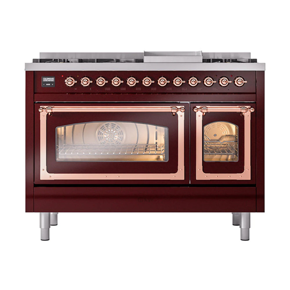 ILVE Nostalgie II Noblesse 48-Inch Freestanding Natural Gas Dual Fuel Range in Burgudy with Copper Trim (UN48FNMPBUP) - Image 2