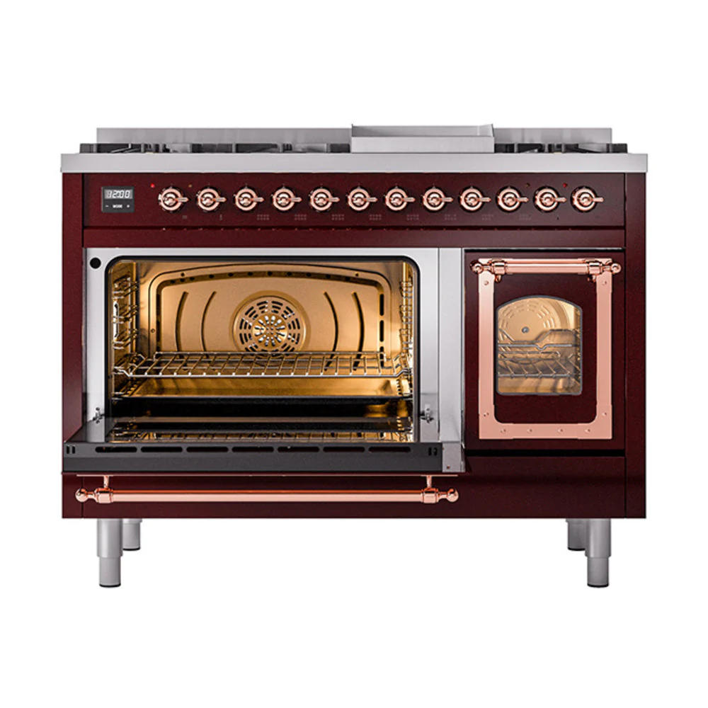 ILVE Nostalgie II Noblesse 48-Inch Freestanding Natural Gas Dual Fuel Range in Burgudy with Copper Trim (UN48FNMPBUP) - Image 6