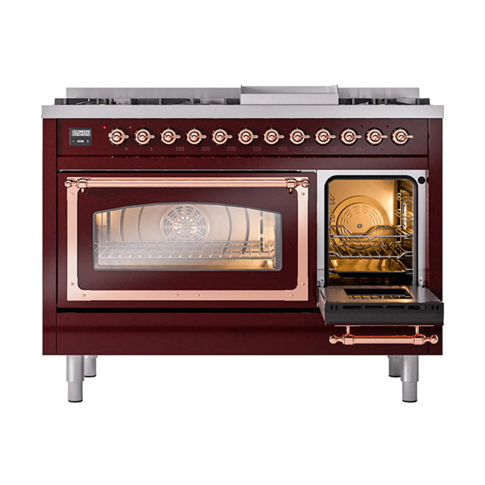 ILVE Nostalgie II Noblesse 48-Inch Freestanding Natural Gas Dual Fuel Range in Burgudy with Copper Trim (UN48FNMPBUP) - Image 7