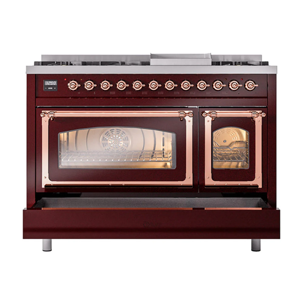 ILVE Nostalgie II Noblesse 48-Inch Freestanding Natural Gas Dual Fuel Range in Burgudy with Copper Trim (UN48FNMPBUP) - Image 8