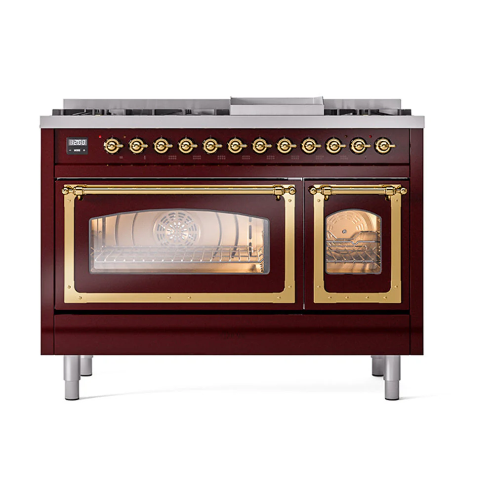 ILVE Nostalgie II Noblesse 48-Inch Freestanding Natural Gas Dual Fuel Range in Burgundy with Brass Trim (UN48FNMPBUG) - Image 2