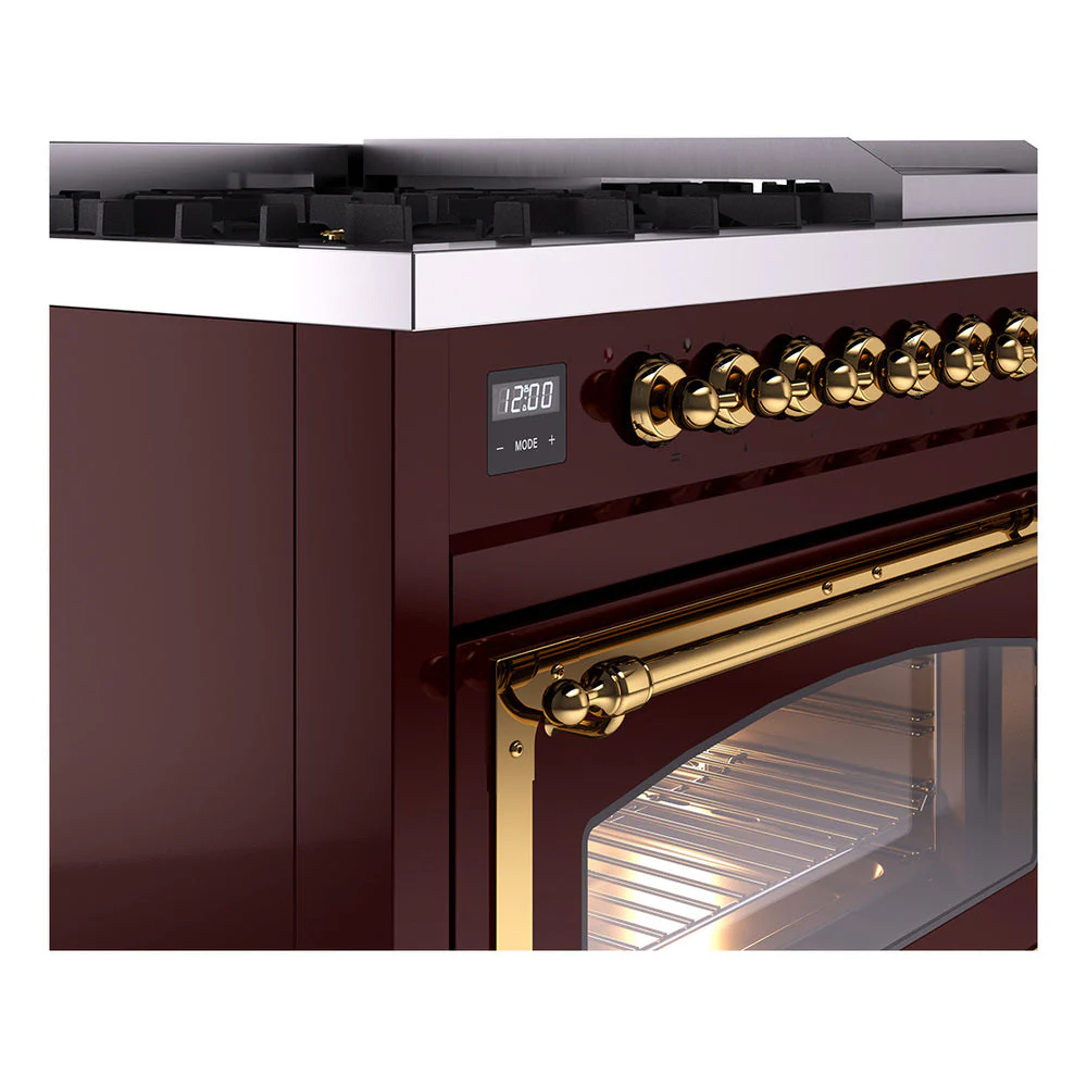 ILVE Nostalgie II Noblesse 48-Inch Freestanding Natural Gas Dual Fuel Range in Burgundy with Brass Trim (UN48FNMPBUG) - Image 3