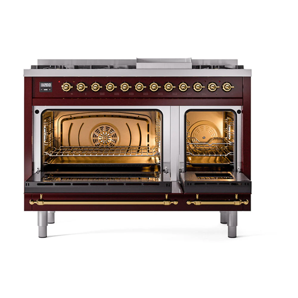 ILVE Nostalgie II Noblesse 48-Inch Freestanding Natural Gas Dual Fuel Range in Burgundy with Brass Trim (UN48FNMPBUG) - Image 5