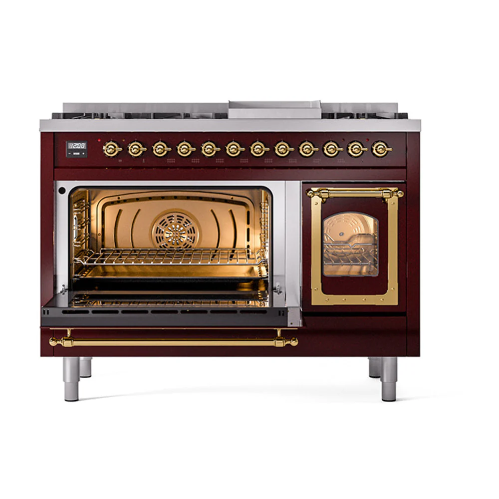 ILVE Nostalgie II Noblesse 48-Inch Freestanding Natural Gas Dual Fuel Range in Burgundy with Brass Trim (UN48FNMPBUG) - Image 6
