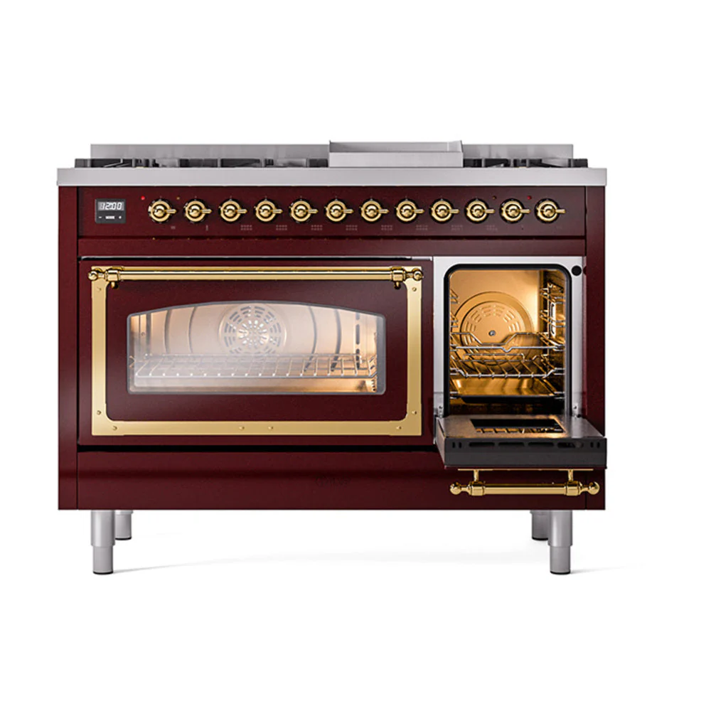 ILVE Nostalgie II Noblesse 48-Inch Freestanding Natural Gas Dual Fuel Range in Burgundy with Brass Trim (UN48FNMPBUG) - Image 7