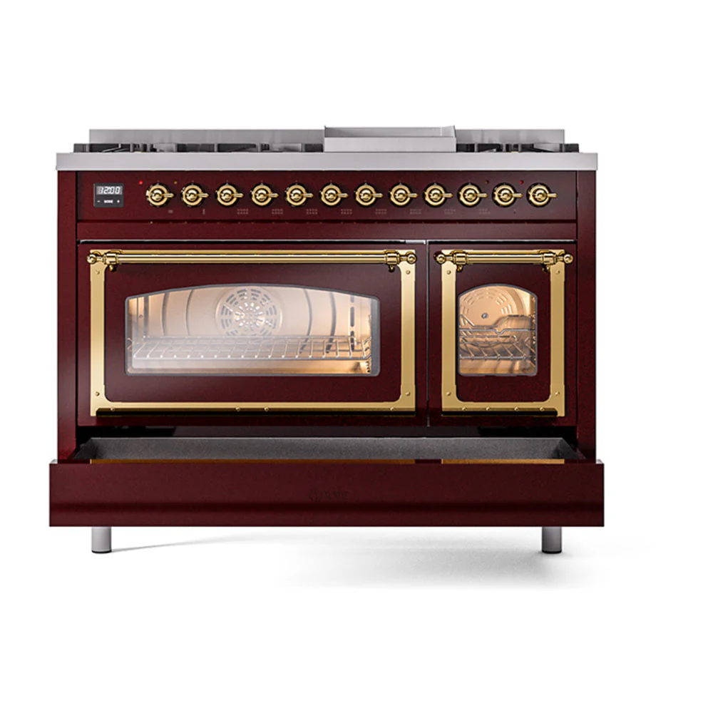 ILVE Nostalgie II Noblesse 48-Inch Freestanding Natural Gas Dual Fuel Range in Burgundy with Brass Trim (UN48FNMPBUG) - Image 8