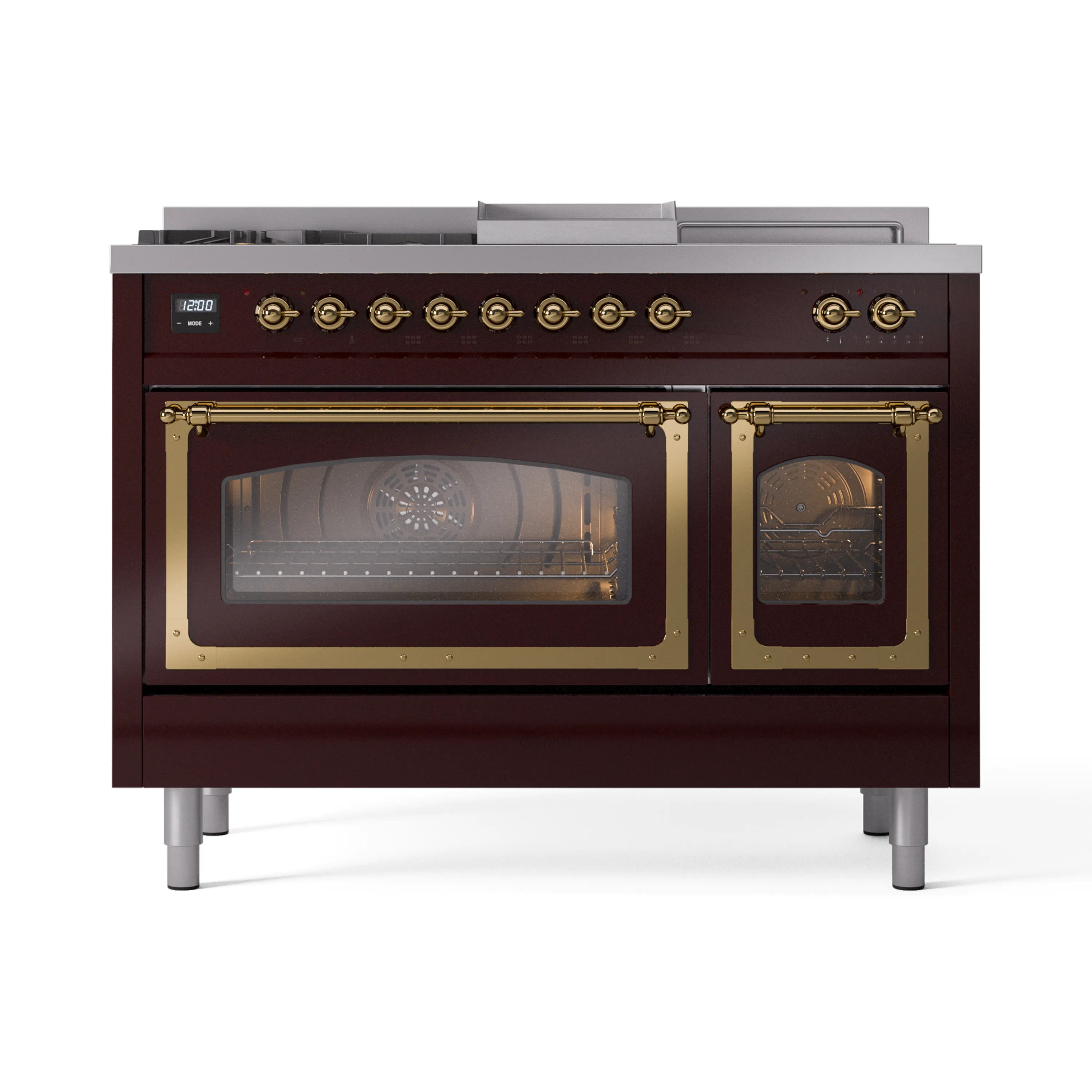 ILVE Nostalgie II Noblesse 48-Inch Natural Gas Dual Fuel Range with 5 Burners, Griddle, & French Top with Triple Glass Door Oven in Burgundy with Brass Trim (UN48FSNMPBUG) - Image 2