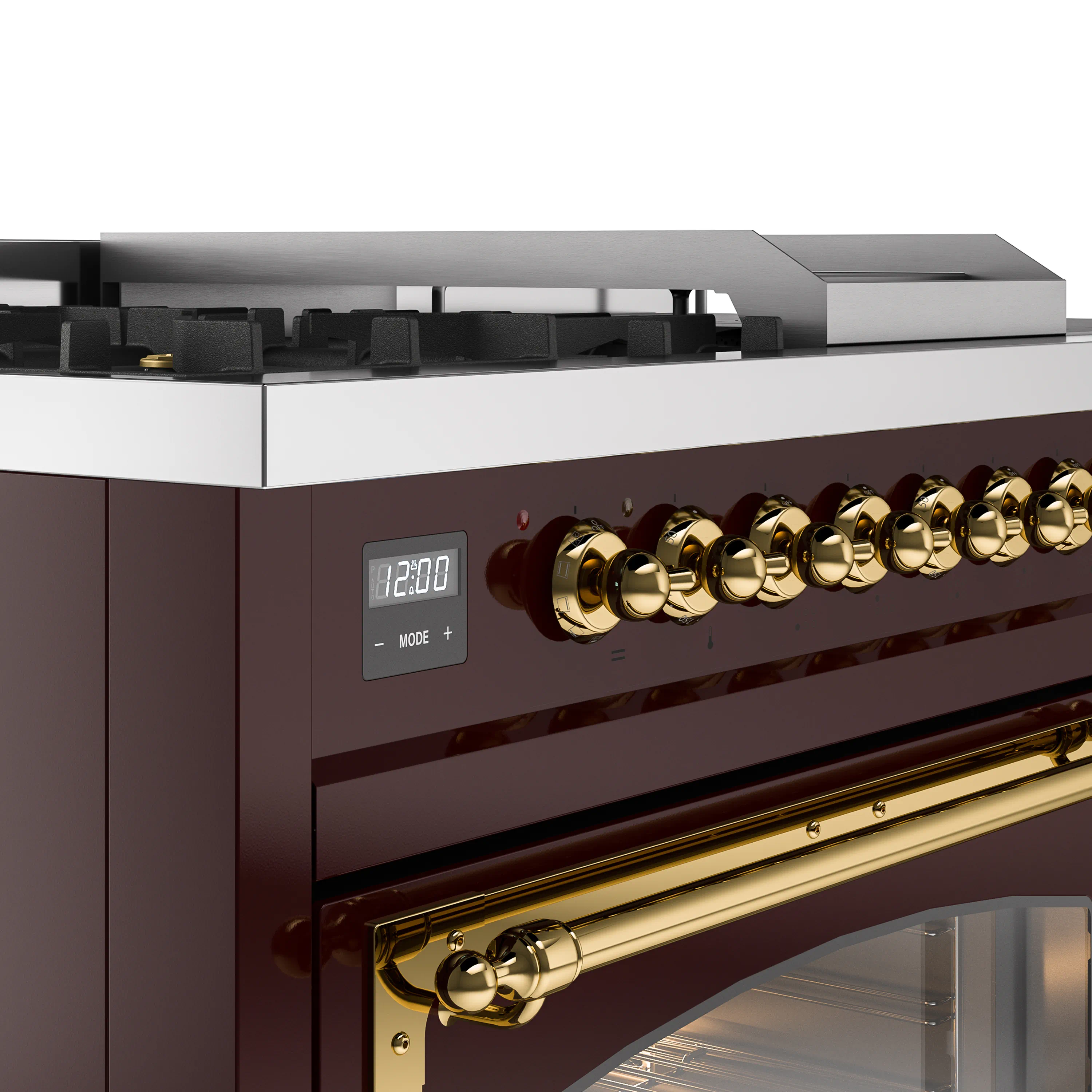 ILVE Nostalgie II Noblesse 48-Inch Natural Gas Dual Fuel Range with 5 Burners, Griddle, & French Top with Triple Glass Door Oven in Burgundy with Brass Trim (UN48FSNMPBUG) - Image 3