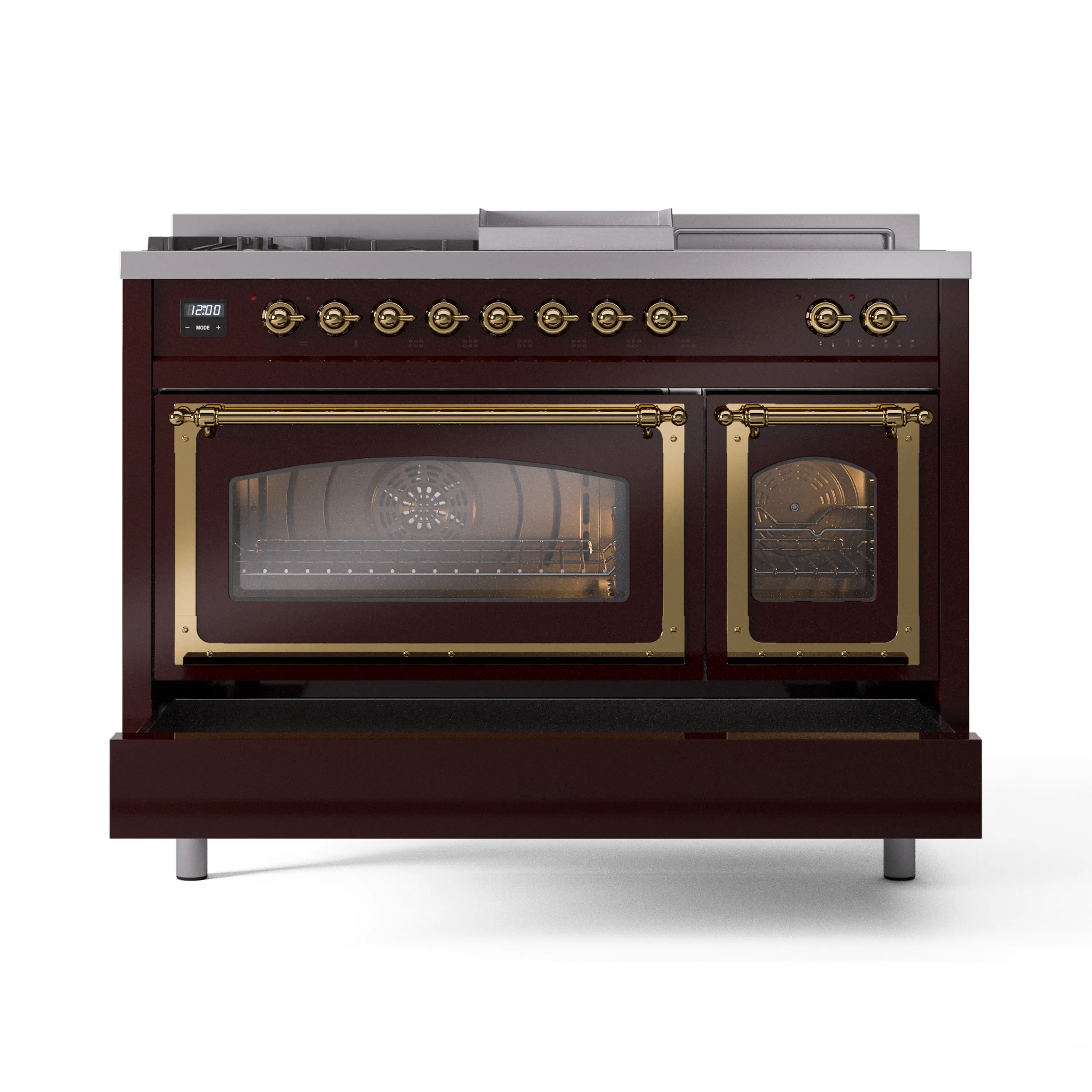 ILVE Nostalgie II Noblesse 48-Inch Natural Gas Dual Fuel Range with 5 Burners, Griddle, & French Top with Triple Glass Door Oven in Burgundy with Brass Trim (UN48FSNMPBUG) - Image 6