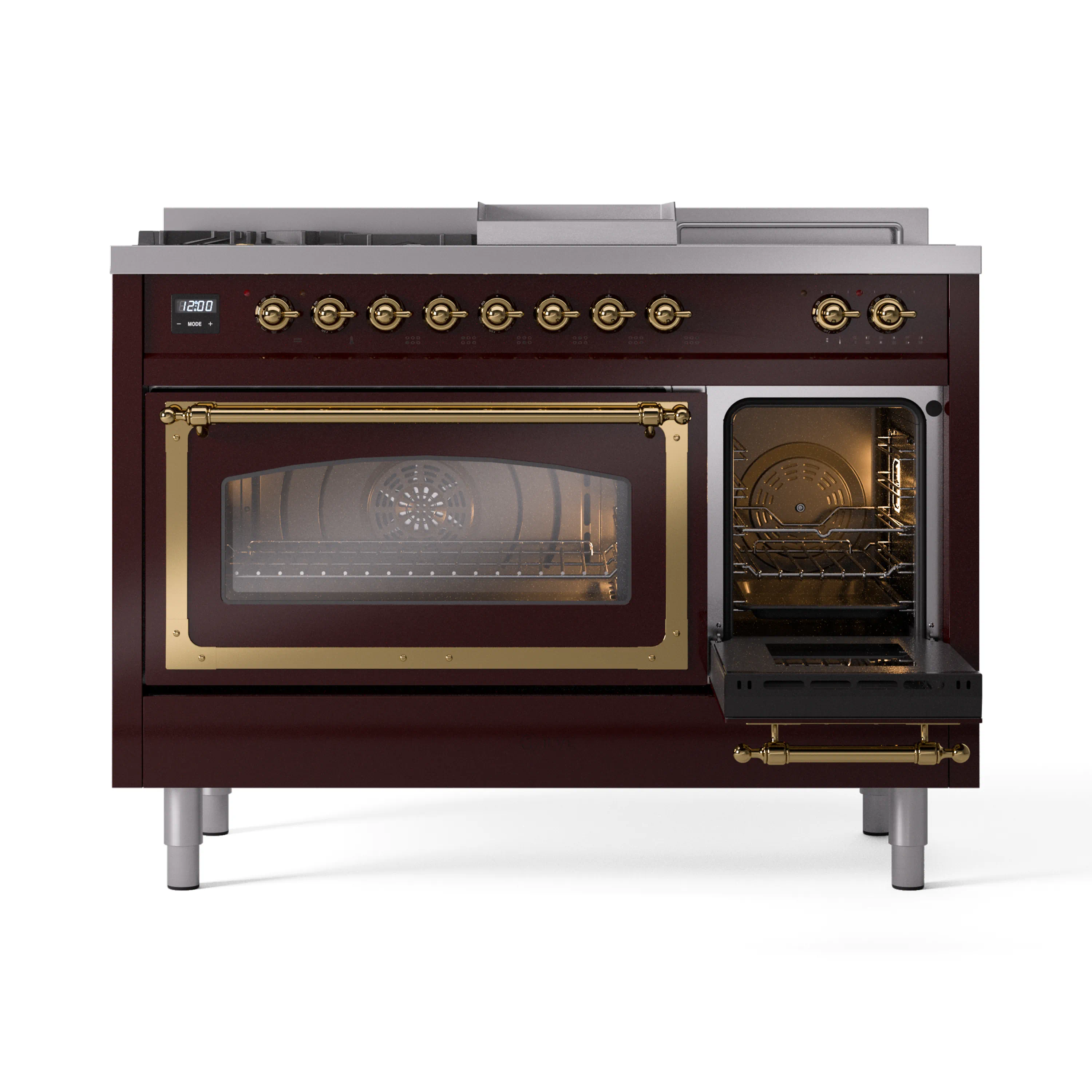 ILVE Nostalgie II Noblesse 48-Inch Natural Gas Dual Fuel Range with 5 Burners, Griddle, & French Top with Triple Glass Door Oven in Burgundy with Brass Trim (UN48FSNMPBUG) - Image 7