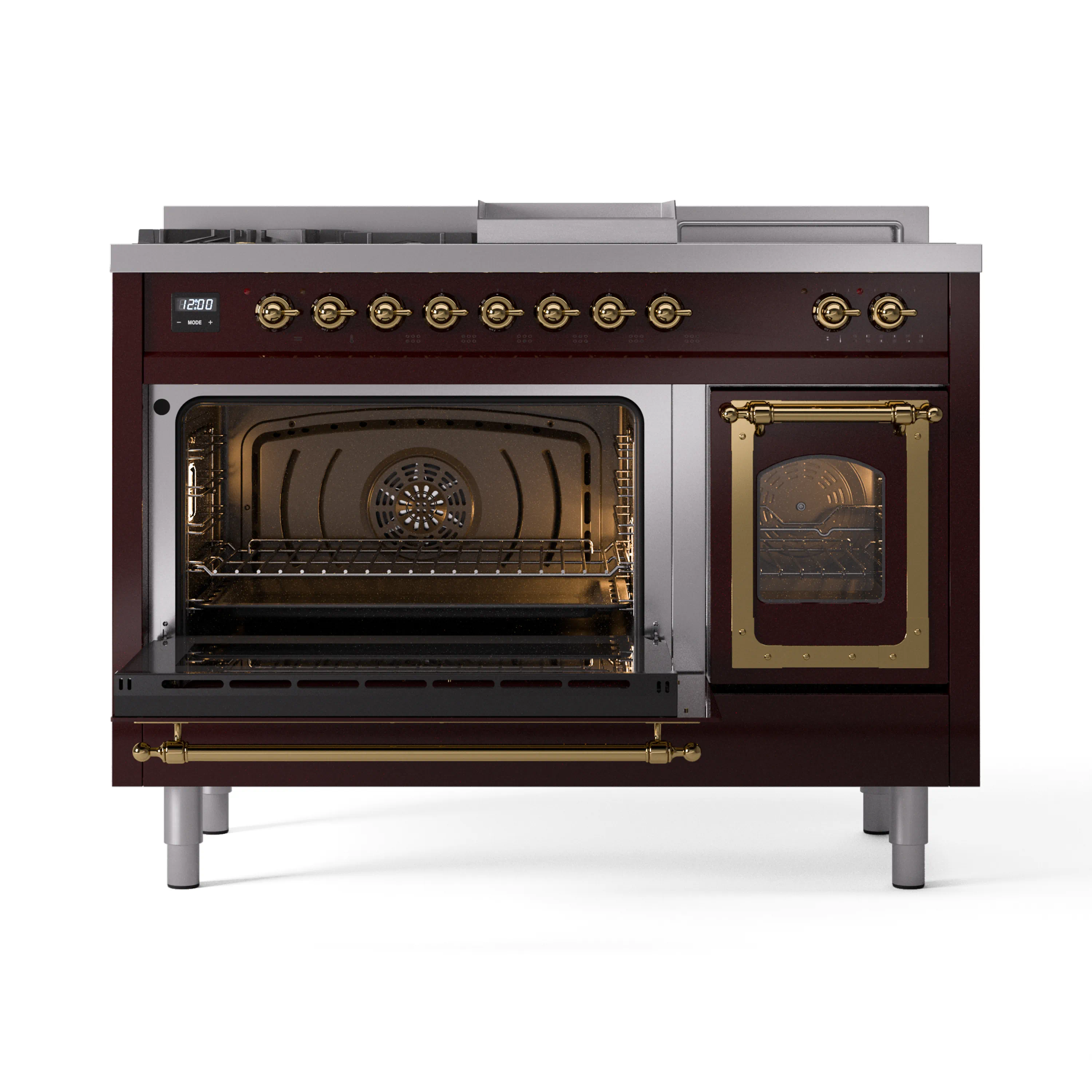 ILVE Nostalgie II Noblesse 48-Inch Natural Gas Dual Fuel Range with 5 Burners, Griddle, & French Top with Triple Glass Door Oven in Burgundy with Brass Trim (UN48FSNMPBUG) - Image 8