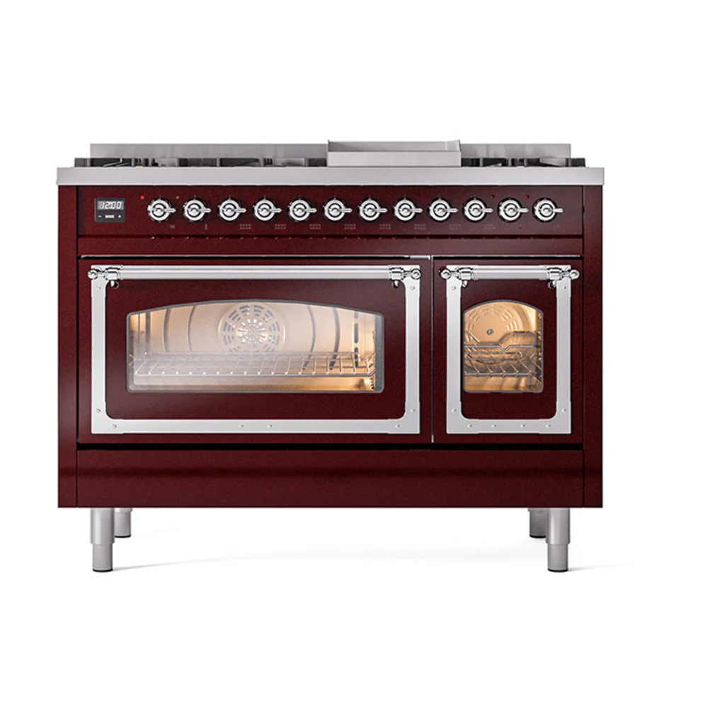 ILVE Nostalgie II Noblesse 48-Inch Freestanding Natural Gas Dual Fuel Range in Burgundy with Chrome Trim (UN48FNMPBUC) - Image 2