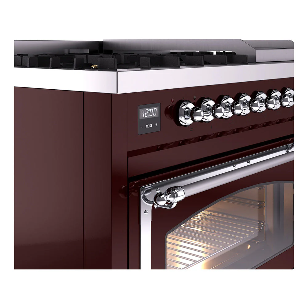 ILVE Nostalgie II Noblesse 48-Inch Freestanding Natural Gas Dual Fuel Range in Burgundy with Chrome Trim (UN48FNMPBUC) - Image 3