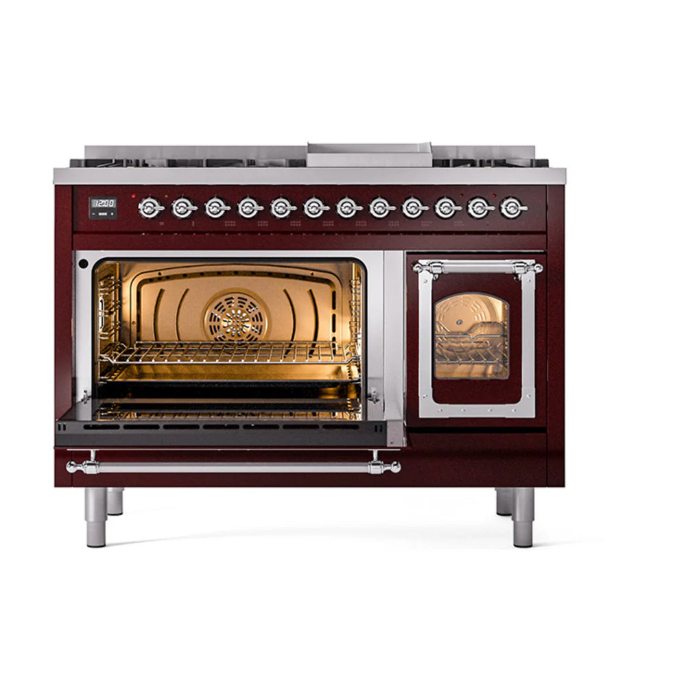 ILVE Nostalgie II Noblesse 48-Inch Freestanding Natural Gas Dual Fuel Range in Burgundy with Chrome Trim (UN48FNMPBUC) - Image 6