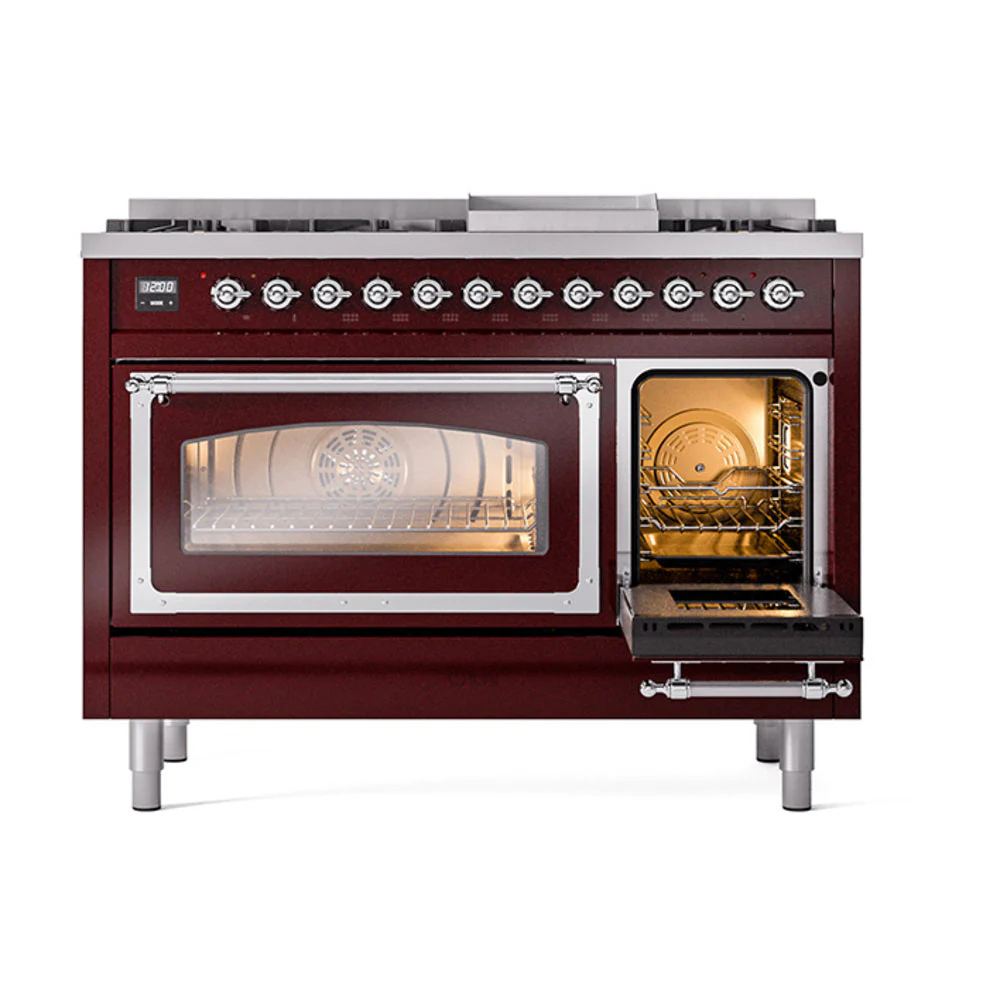 ILVE Nostalgie II Noblesse 48-Inch Freestanding Natural Gas Dual Fuel Range in Burgundy with Chrome Trim (UN48FNMPBUC) - Image 7