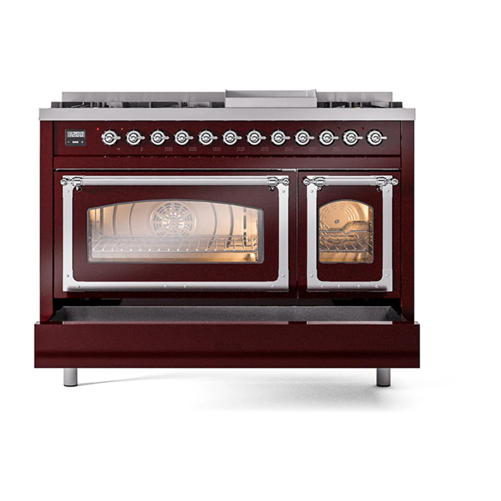ILVE Nostalgie II Noblesse 48-Inch Freestanding Natural Gas Dual Fuel Range in Burgundy with Chrome Trim (UN48FNMPBUC) - Image 8