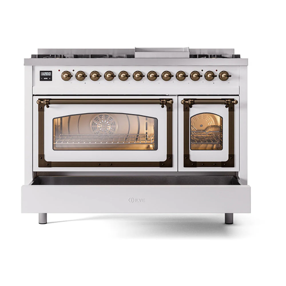 ILVE Nostalgie II Noblesse 48-Inch Freestanding Natural Gas Dual Fuel Range in Custom RAL with Bronze Trim (UN48FNMPRAB) - Image 8