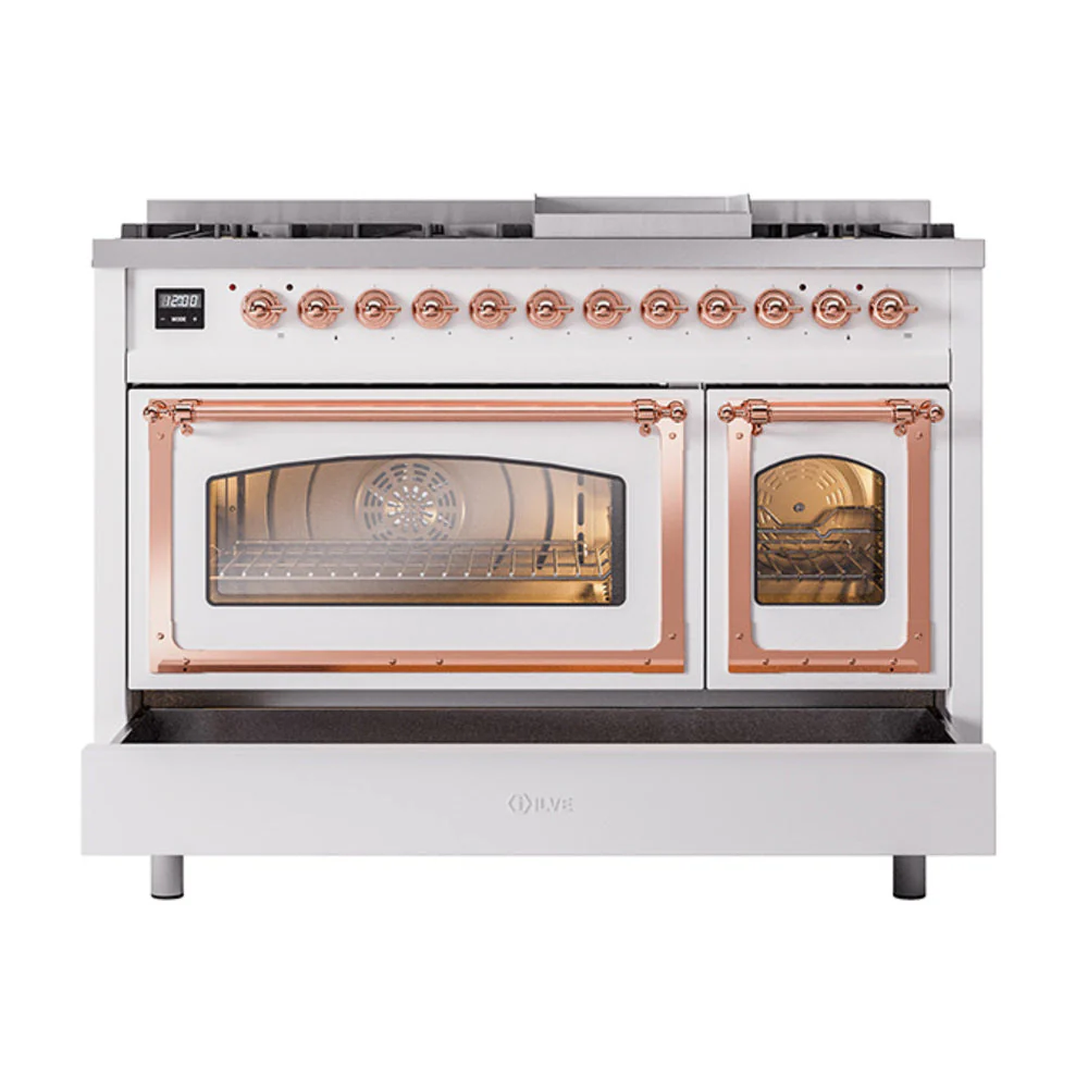 ILVE Nostalgie II Noblesse 48-Inch Freestanding Natural Gas Dual Fuel Range in Custom RAL with Copper Trim (UN48FNMPRAP) - Image 8
