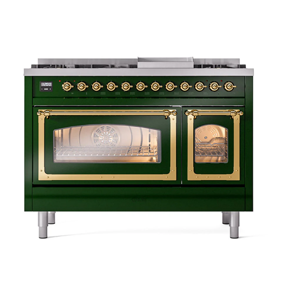 ILVE Nostalgie II Noblesse 48-Inch Freestanding Natural Gas Dual Fuel Range in Emerald Green with Brass Trim (UN48FNMPEGG) - Image 2
