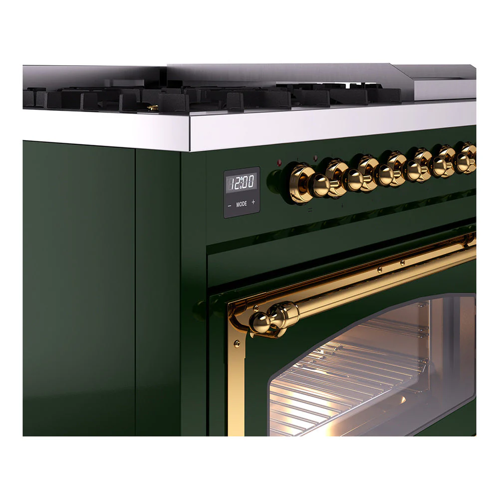 ILVE Nostalgie II Noblesse 48-Inch Freestanding Natural Gas Dual Fuel Range in Emerald Green with Brass Trim (UN48FNMPEGG) - Image 3