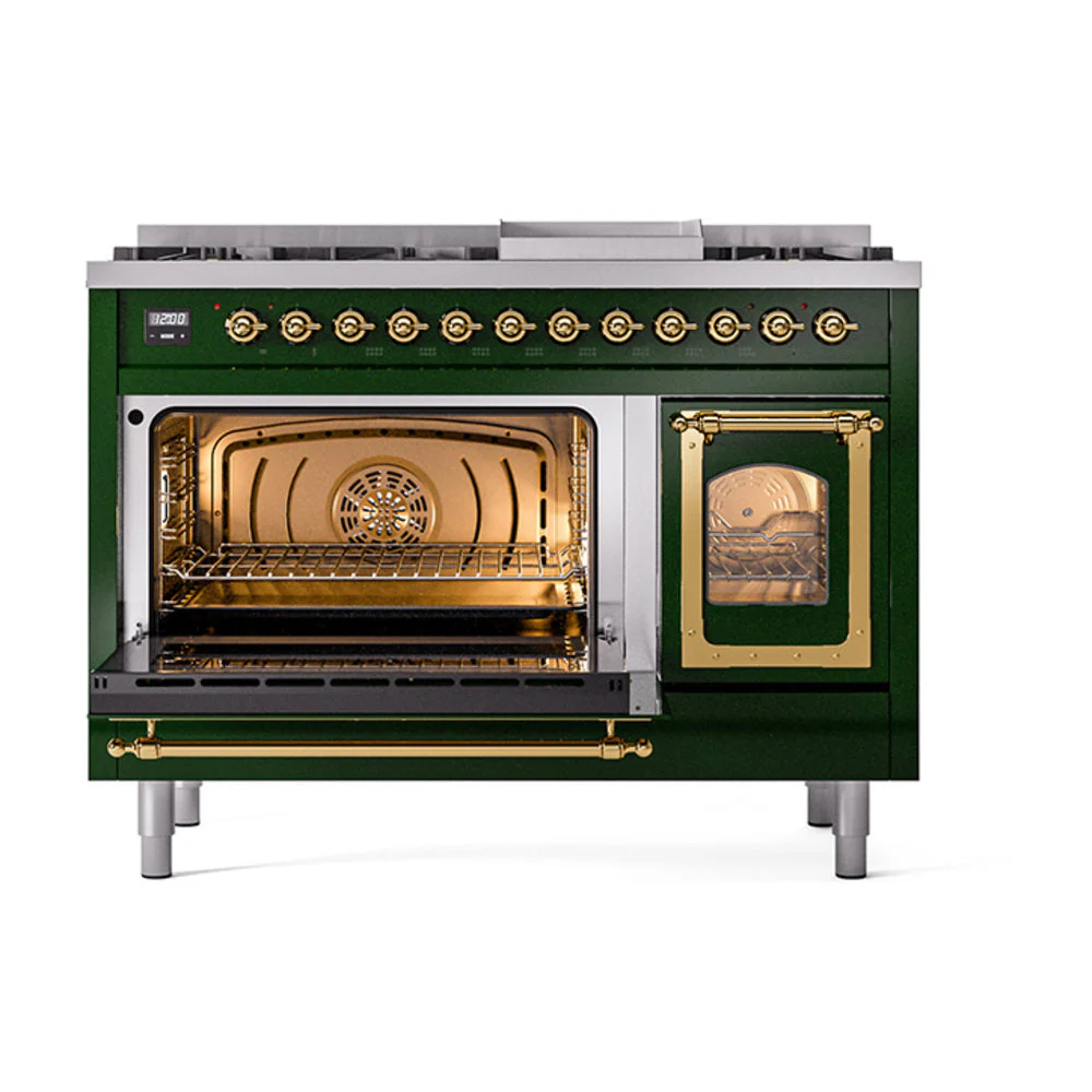 ILVE Nostalgie II Noblesse 48-Inch Freestanding Natural Gas Dual Fuel Range in Emerald Green with Brass Trim (UN48FNMPEGG) - Image 6