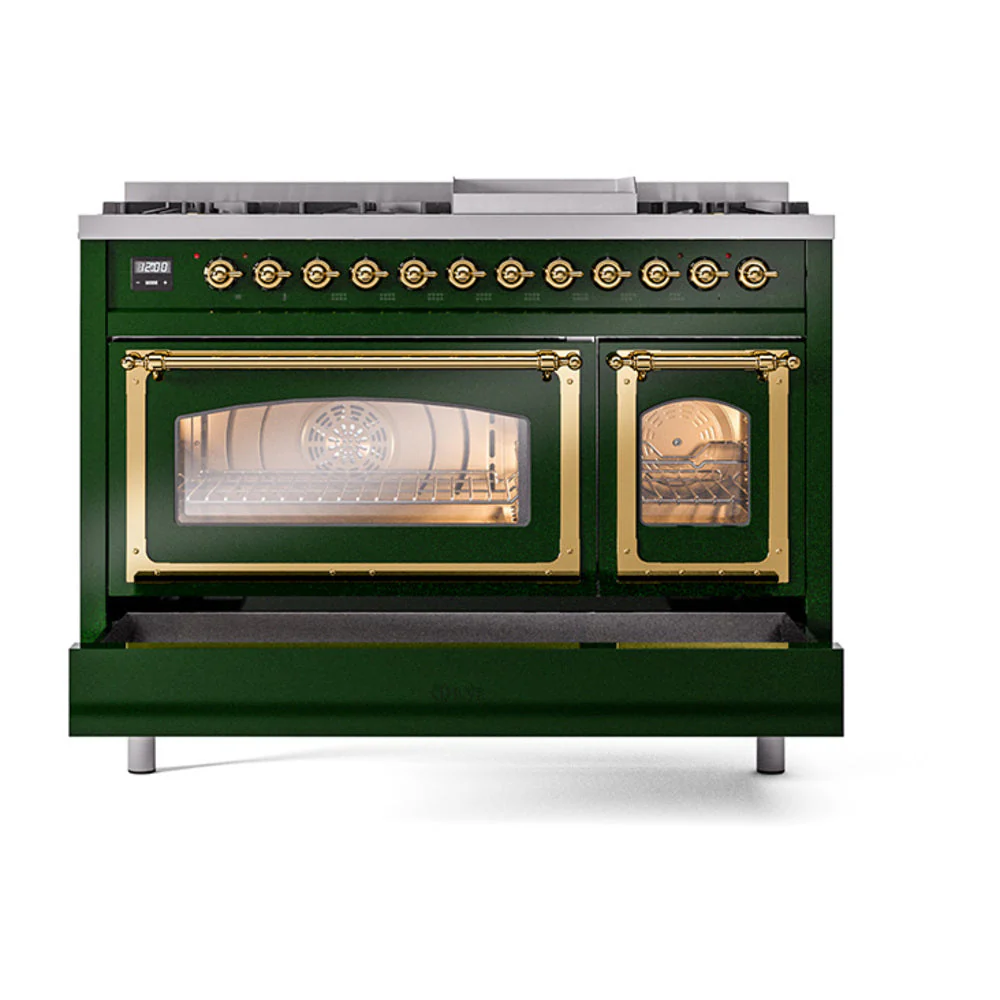 ILVE Nostalgie II Noblesse 48-Inch Freestanding Natural Gas Dual Fuel Range in Emerald Green with Brass Trim (UN48FNMPEGG) - Image 7