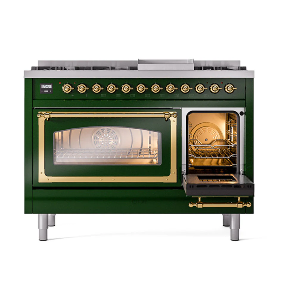ILVE Nostalgie II Noblesse 48-Inch Freestanding Natural Gas Dual Fuel Range in Emerald Green with Brass Trim (UN48FNMPEGG) - Image 8