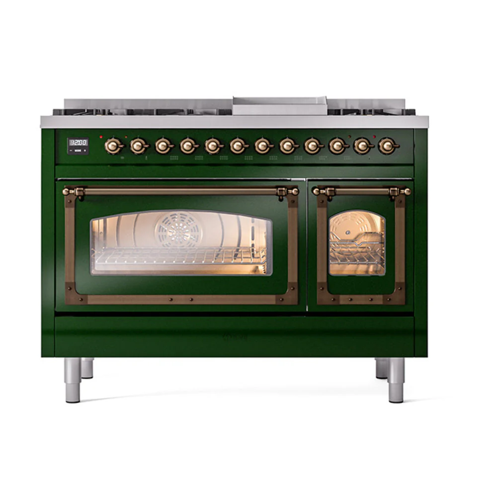 ILVE Nostalgie II Noblesse 48-Inch Freestanding Natural Gas Dual Fuel Range in Emerald Green with Bronze Trim (UN48FNMPEGB) - Image 2
