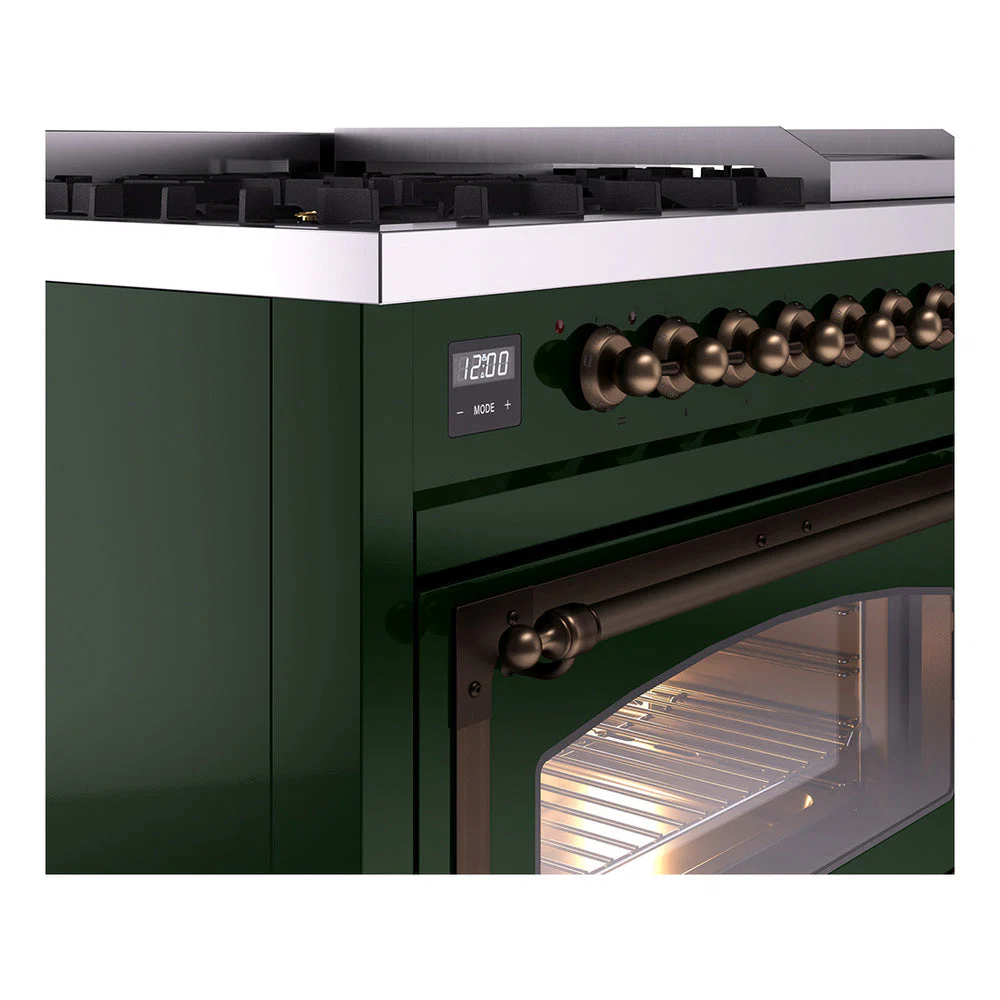 ILVE Nostalgie II Noblesse 48-Inch Freestanding Natural Gas Dual Fuel Range in Emerald Green with Bronze Trim (UN48FNMPEGB) - Image 3